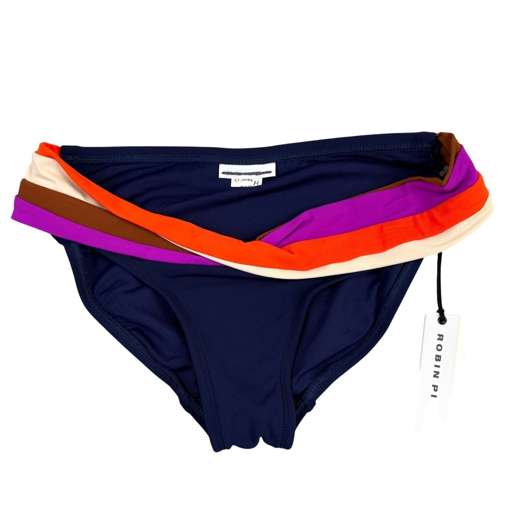 Robin Piccone M Navy Penelope Billie Twist Multi Color Bikini Bottom Swim NWT